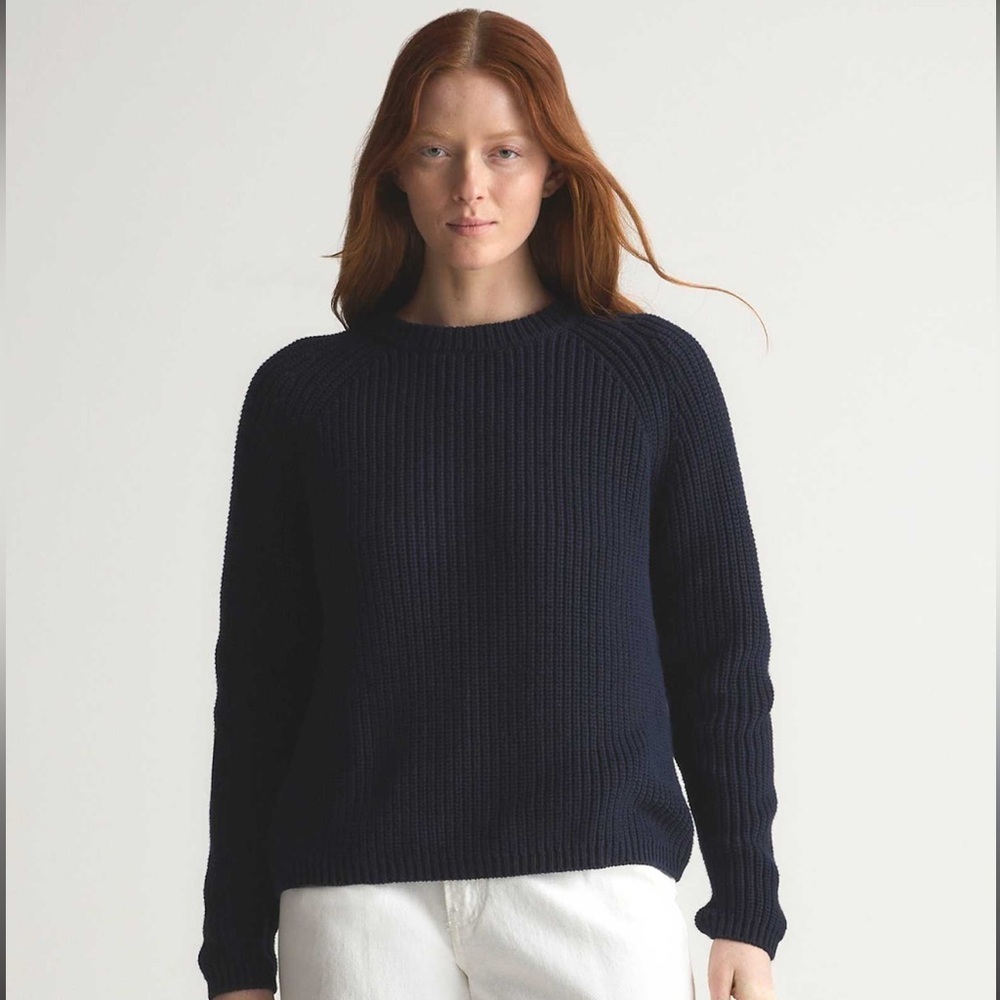 Quince Fisherman Ribbed Navy Organic Cotton Sweater Size XS